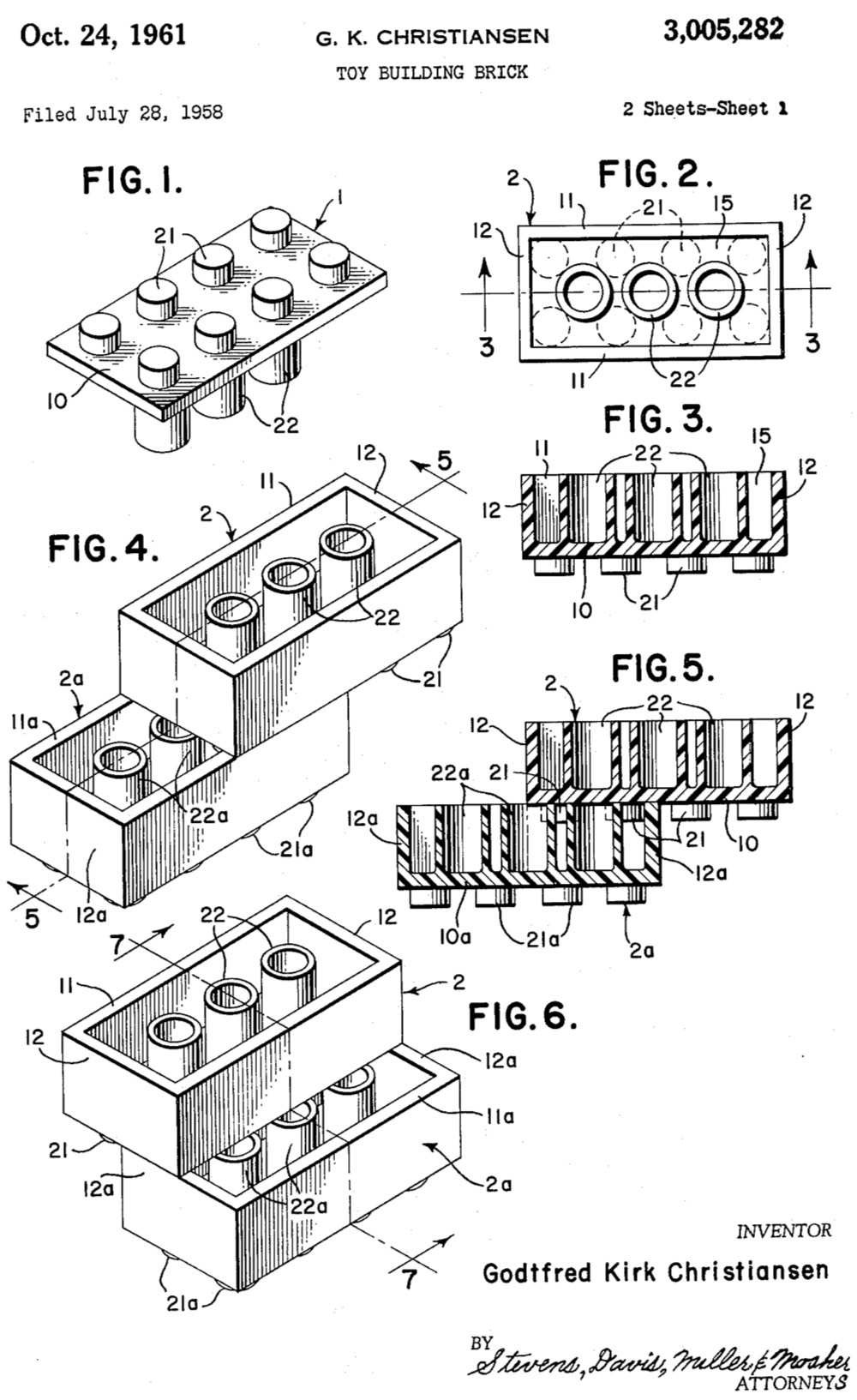 Original US patent drawing for the Lego brick