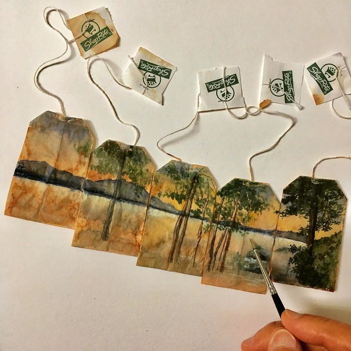 Ruby Silvious uses tea bags as canvases for art