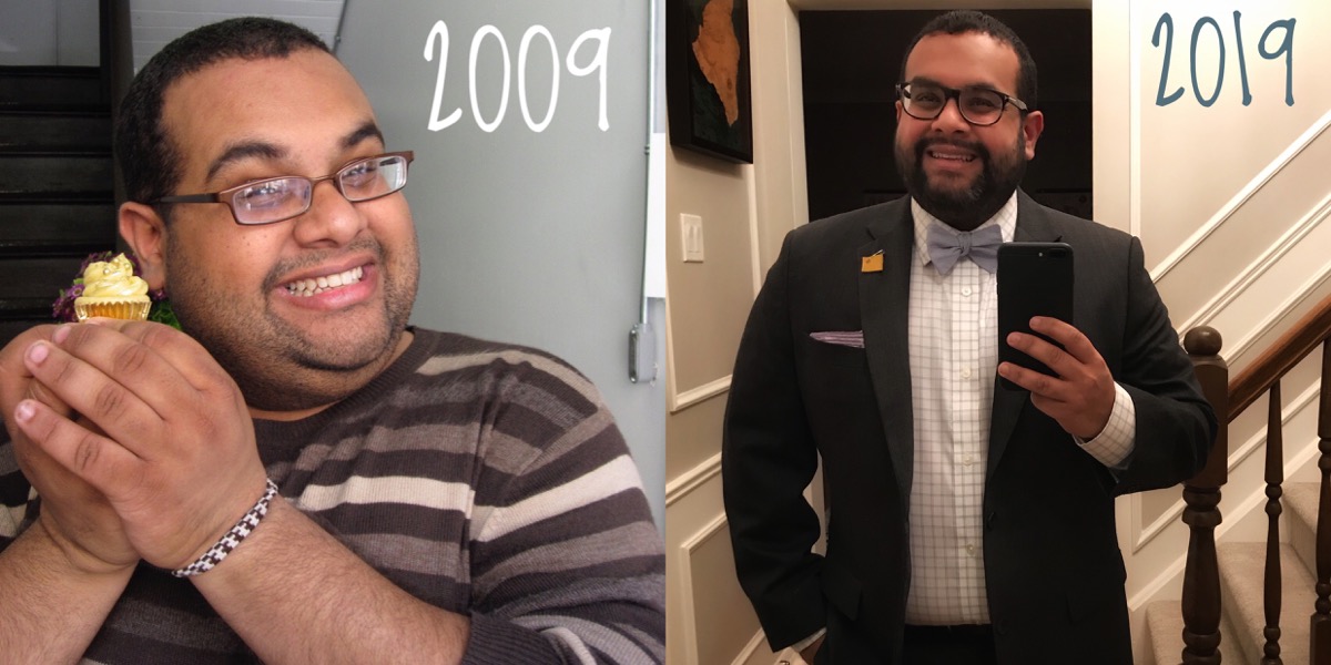 Photo of me in 2009 next to one of me in 2019