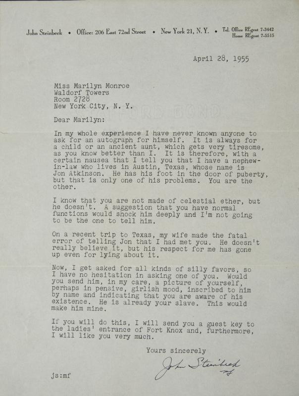 Letter from John Steinbeck to Marilyn Monroe