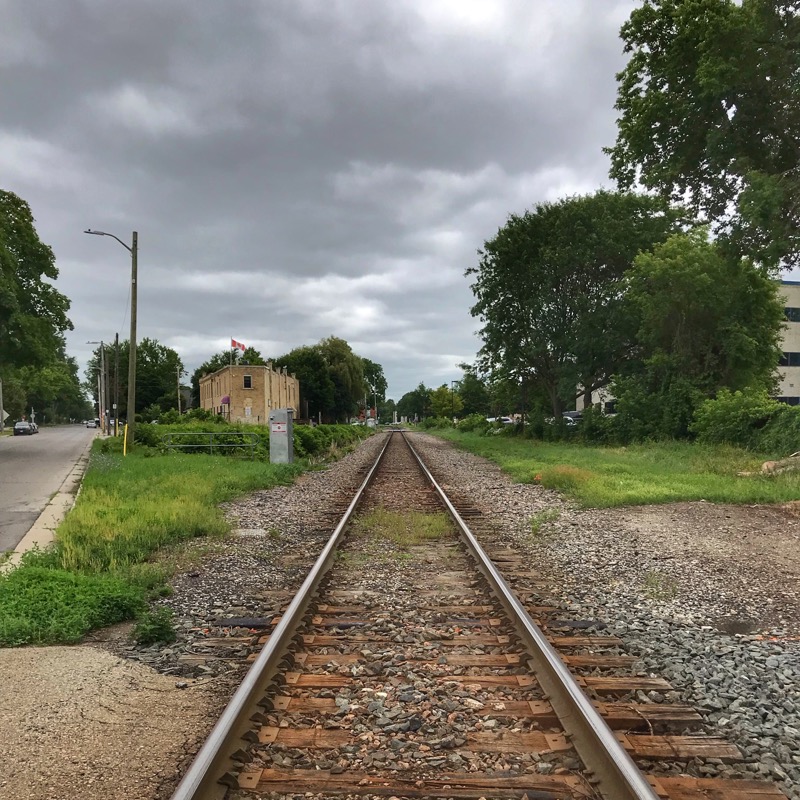 Empty rail tracks running across a city street