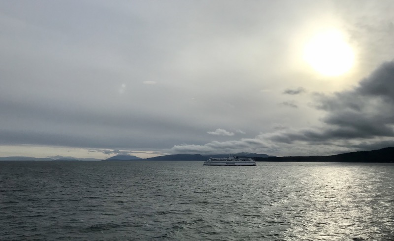 View of mountains and islands and ocean from the ferry