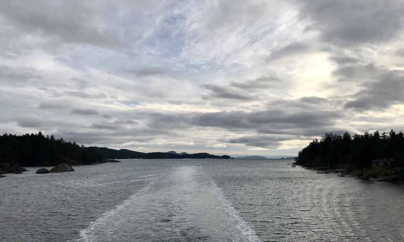 View of mountains and islands and ocean from the ferry