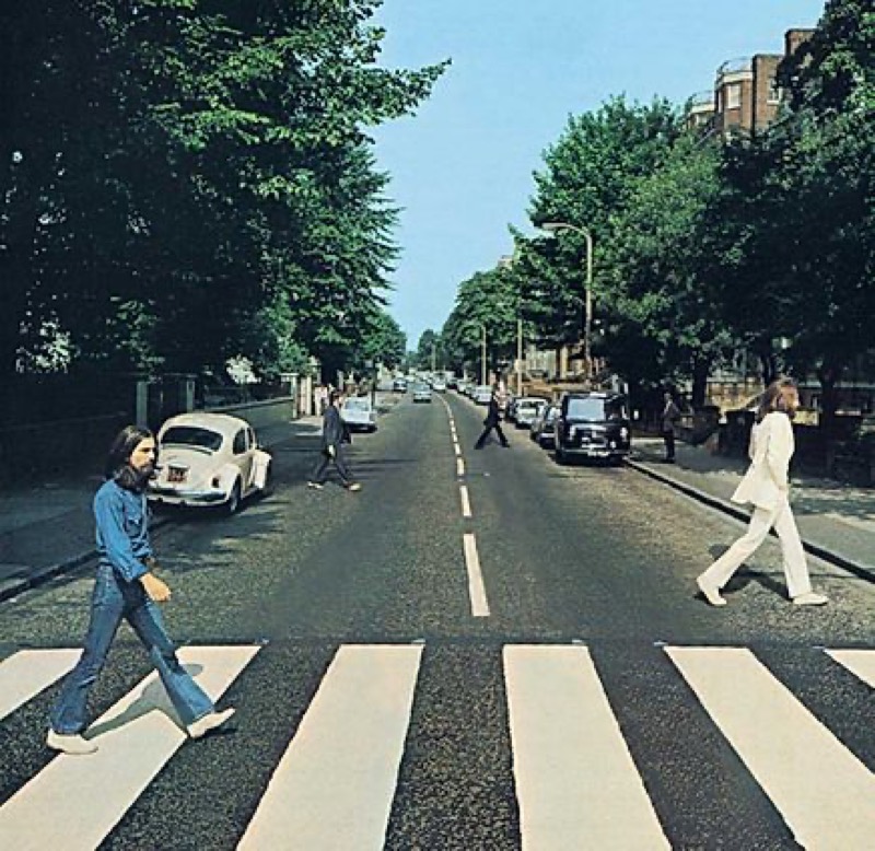 Beatles album cover with people spread six feet apart