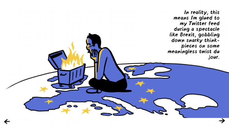 Illustration of a man staring at a dumpster fire over the map of Europe