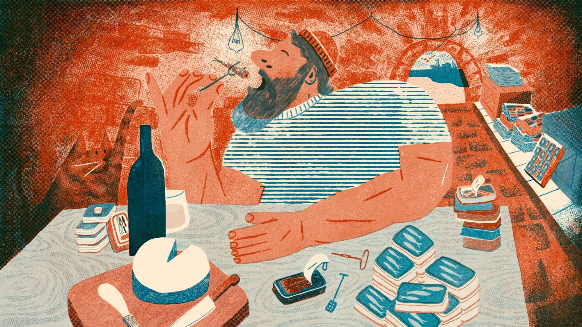 Illustration of man eating sardines at a table