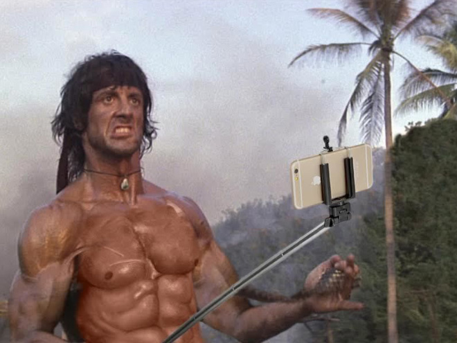 Still from Rambo movie that replaces his gun with a selfie stick