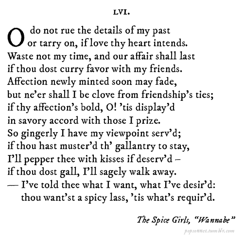 Wannabe by the Spice Girls reimagined as a sonnet