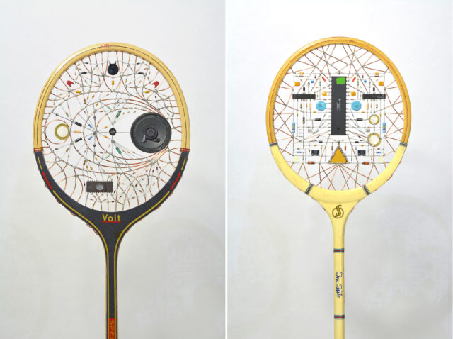 Vintage rackets re-strung with found electronics by Leonardo Ulian