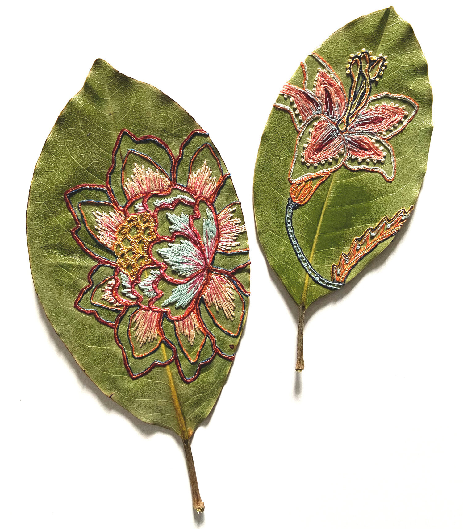 Dried leaves embroidered with beautiful botanicals