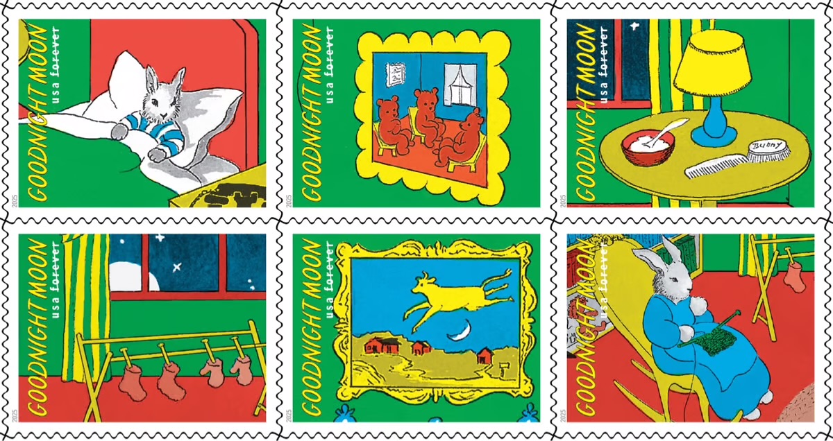 Design of Goodnight Moon stamps issued by the US Postal Service